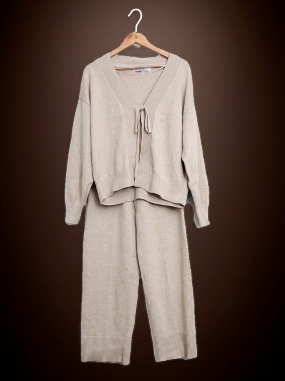 Free People Creamy Tan Knit Tie-Front Cardigan & Relaxed Pants Sweater Set